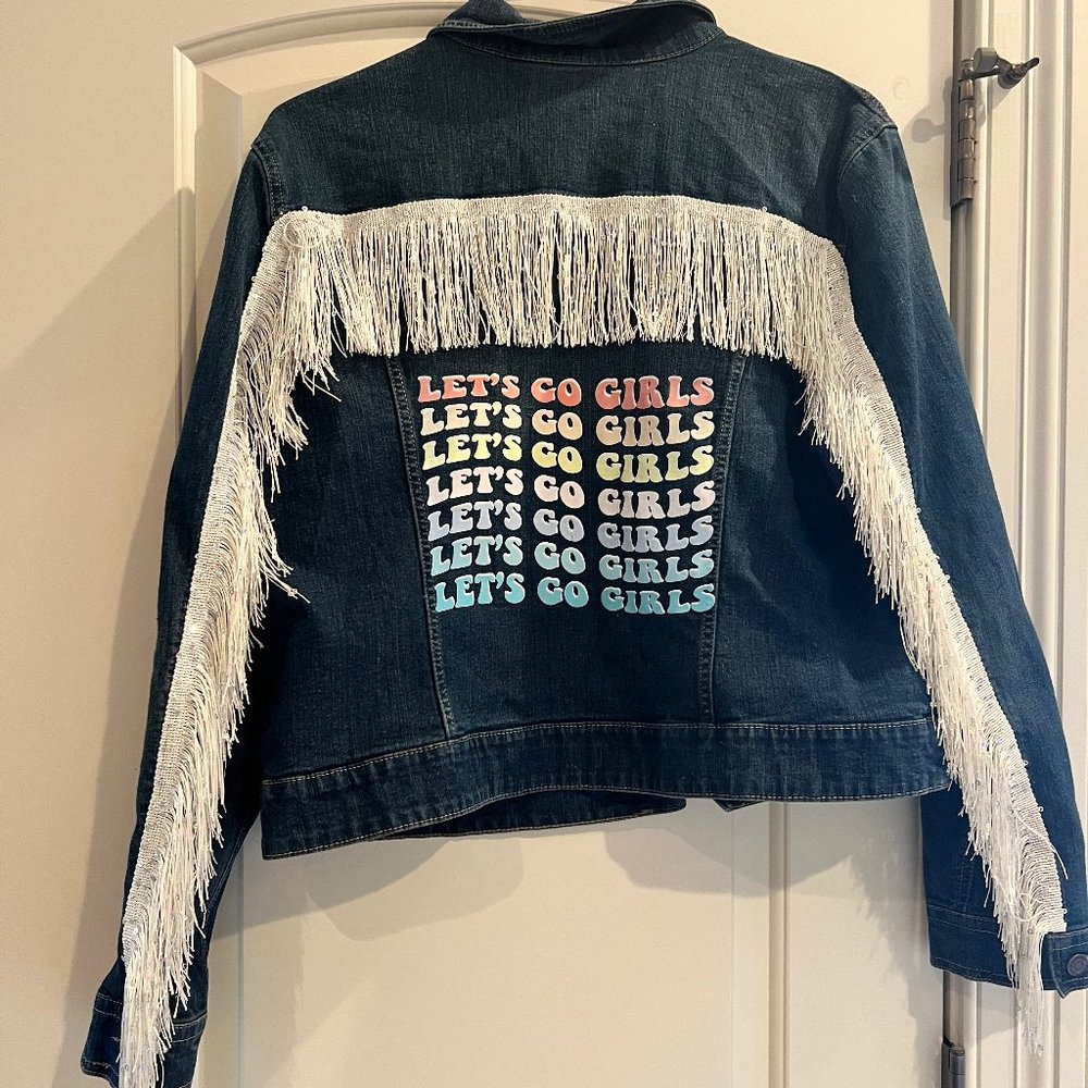 Upcycled Hand Decorated Jean Jacket size XL